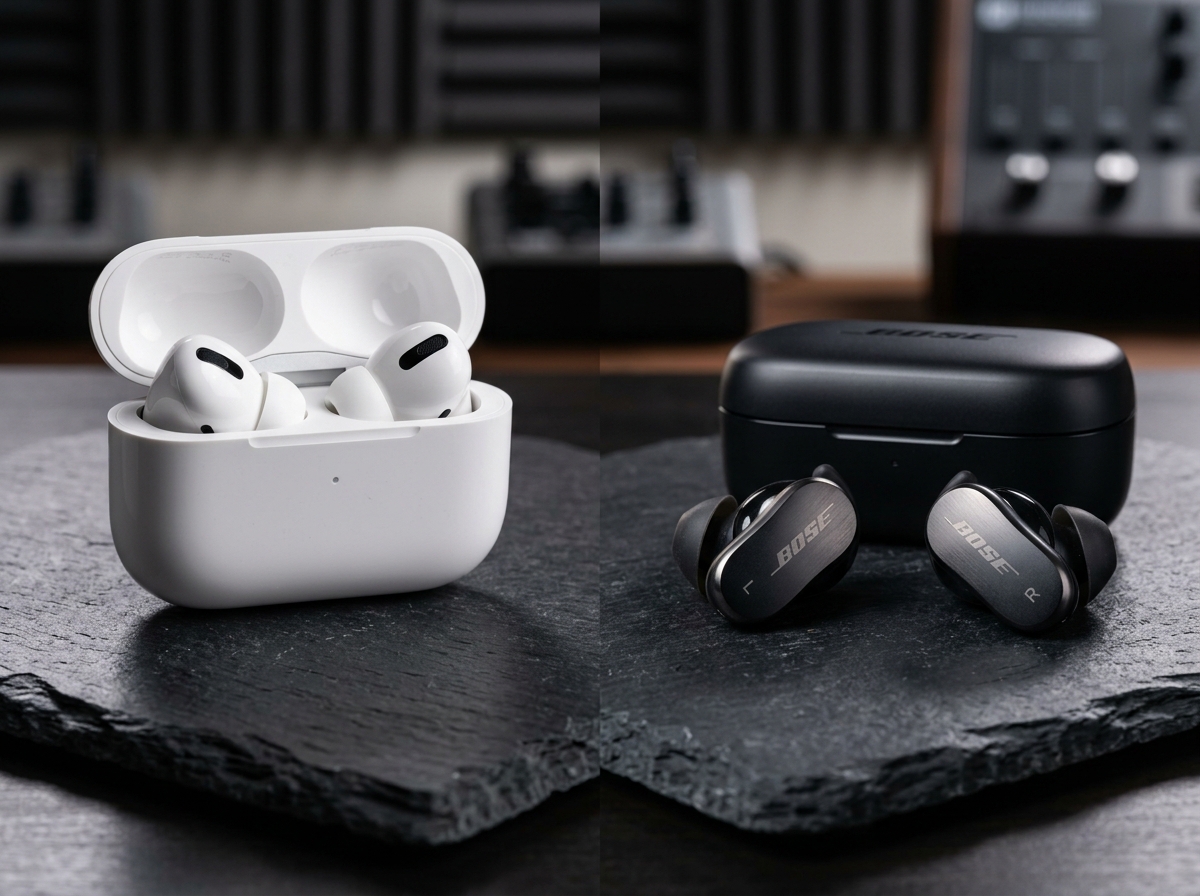 Apple AirPods Pro 2 vs Bose QuietComfort Ultra Earbuds side by side comparison on dark slate audio desk