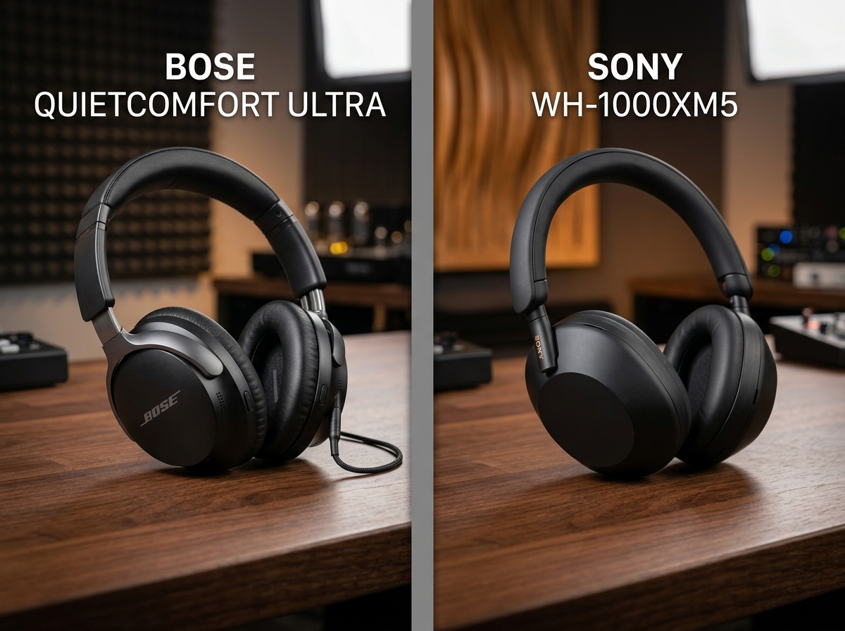 Bose QuietComfort and Sony WH-1000XM5 headphones side-by-side comparison on dark studio table