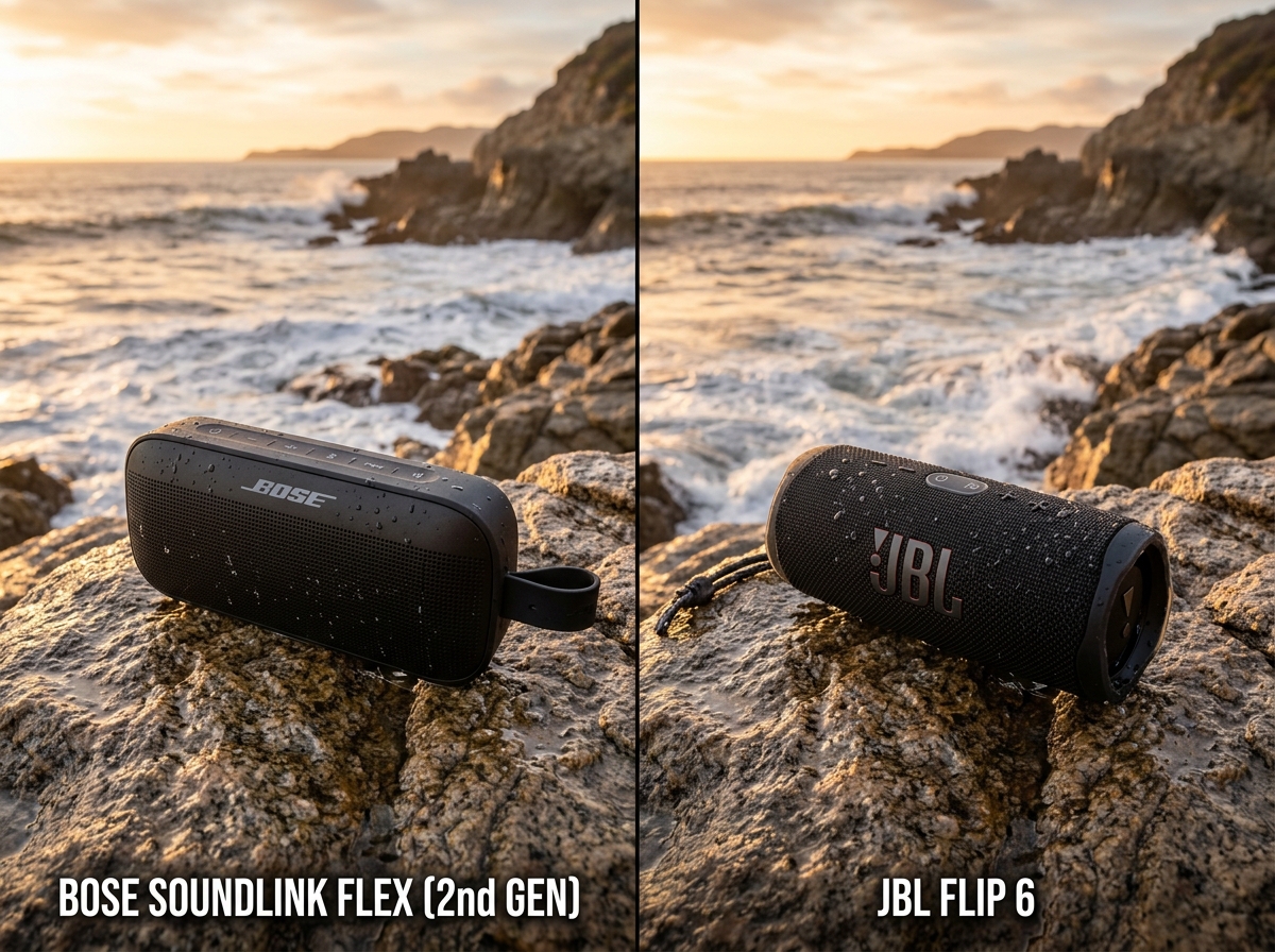Bose SoundLink Flex 2nd Gen and JBL Flip 6 portable waterproof speakers side-by-side on coastal rocks
