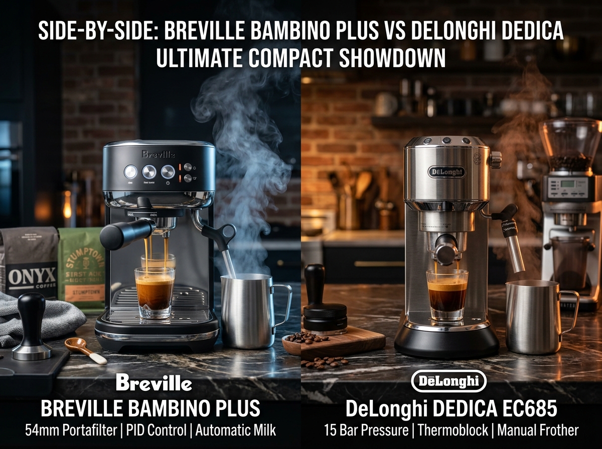 Breville Bambino Plus vs De'Longhi Dedica Maestro side by side espresso showdown on kitchen counter