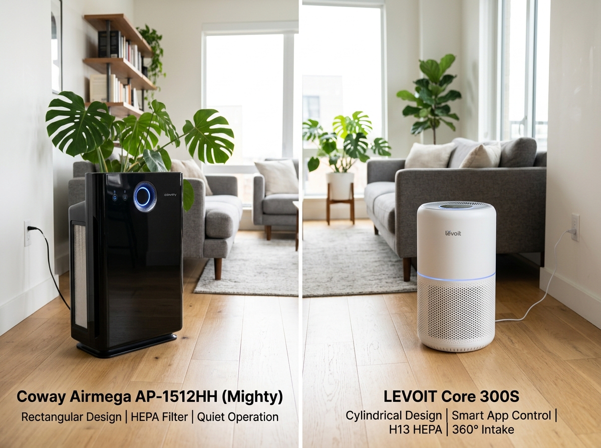 Coway Airmega AP-1512HH and LEVOIT Core 300S air purifiers comparison showcase