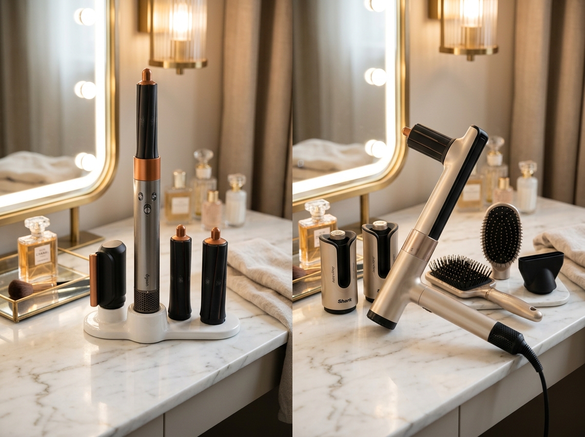 Dyson Airwrap vs Shark FlexStyle side by side comparison on modern marble vanity