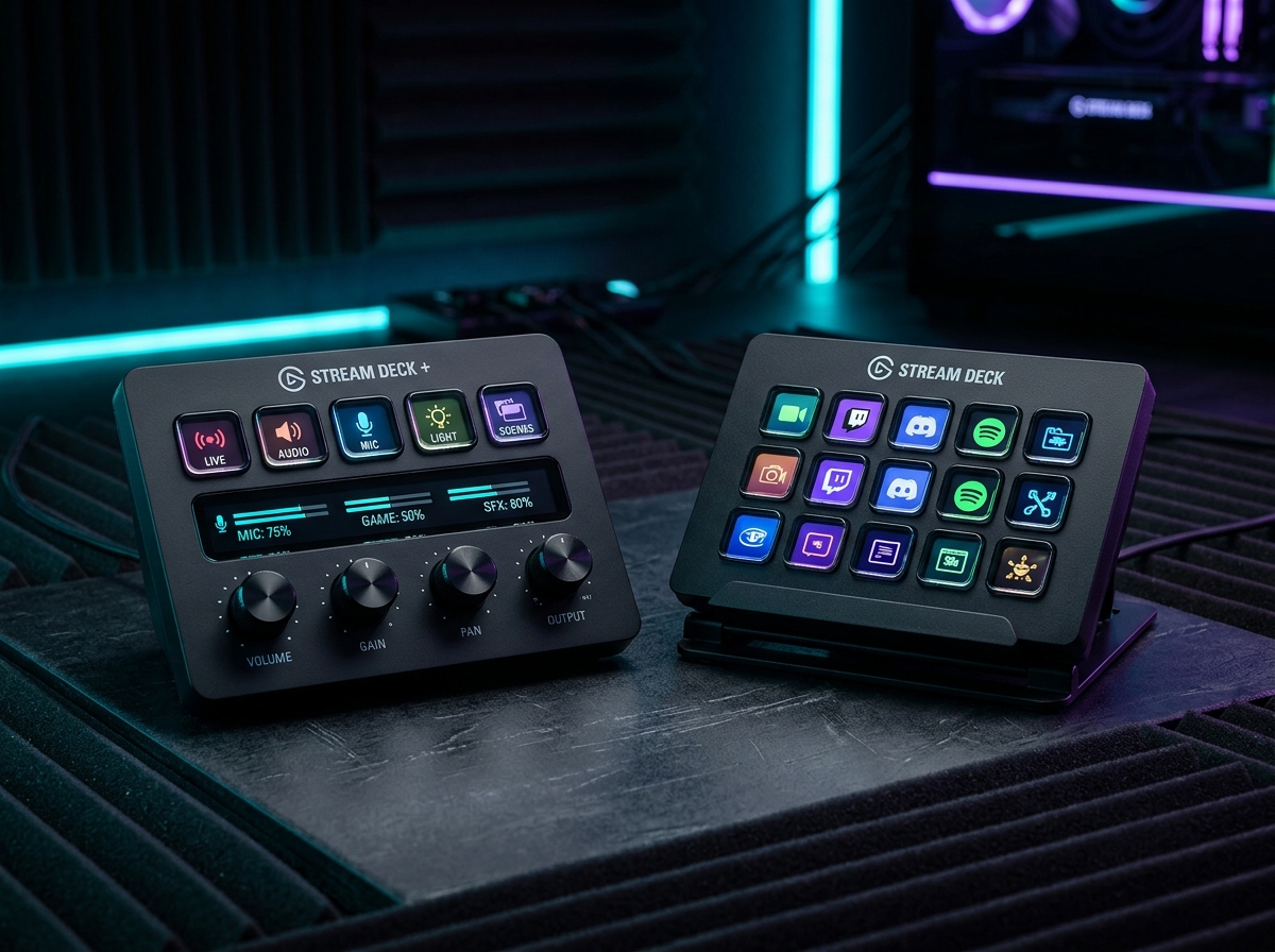 Elgato Stream Deck + vs Elgato Stream Deck MK.2 side by side studio comparison