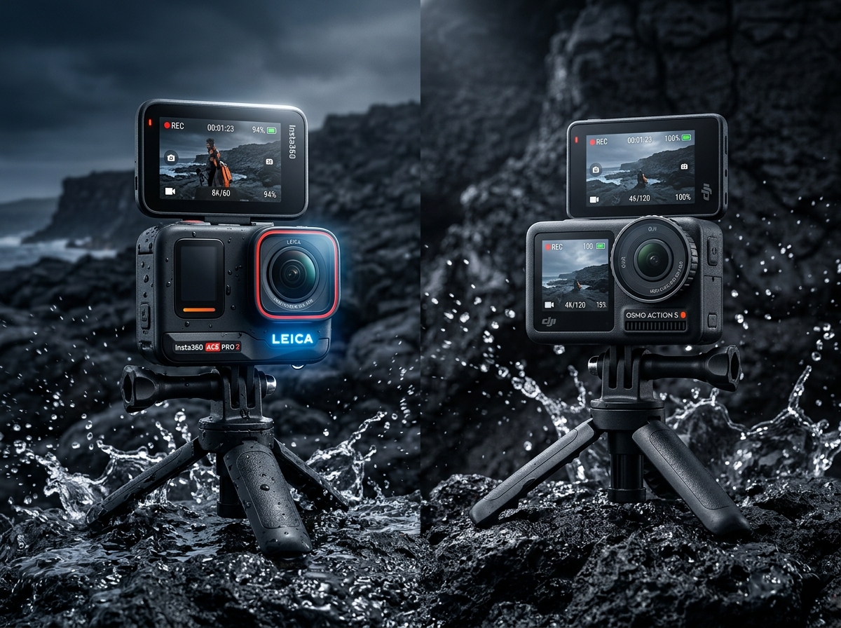 Side-by-side comparison of Insta360 Ace Pro 2 and DJI Osmo Action 5 Pro mounted on tripods on ocean rocks