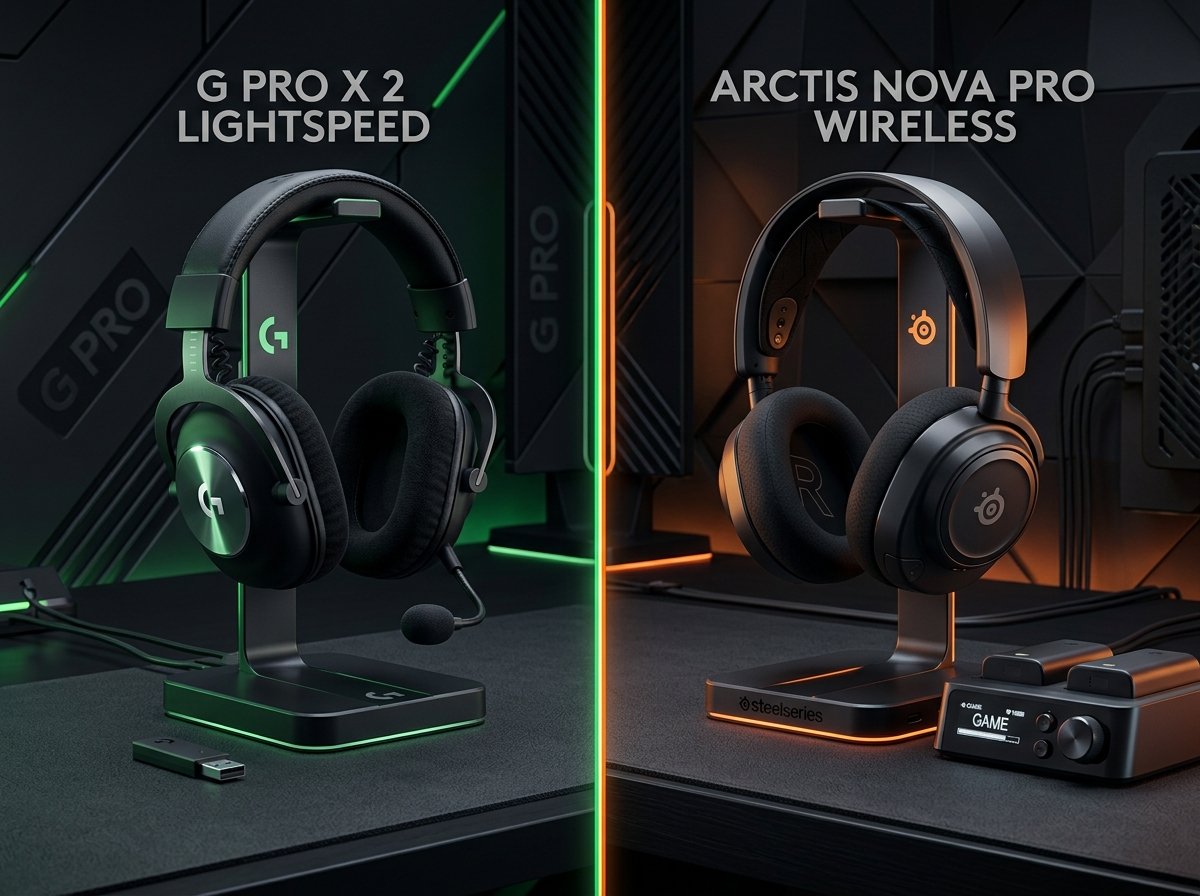 Logitech G PRO X 2 LIGHTSPEED and SteelSeries Arctis Nova Pro Wireless side-by-side comparison on gaming desk