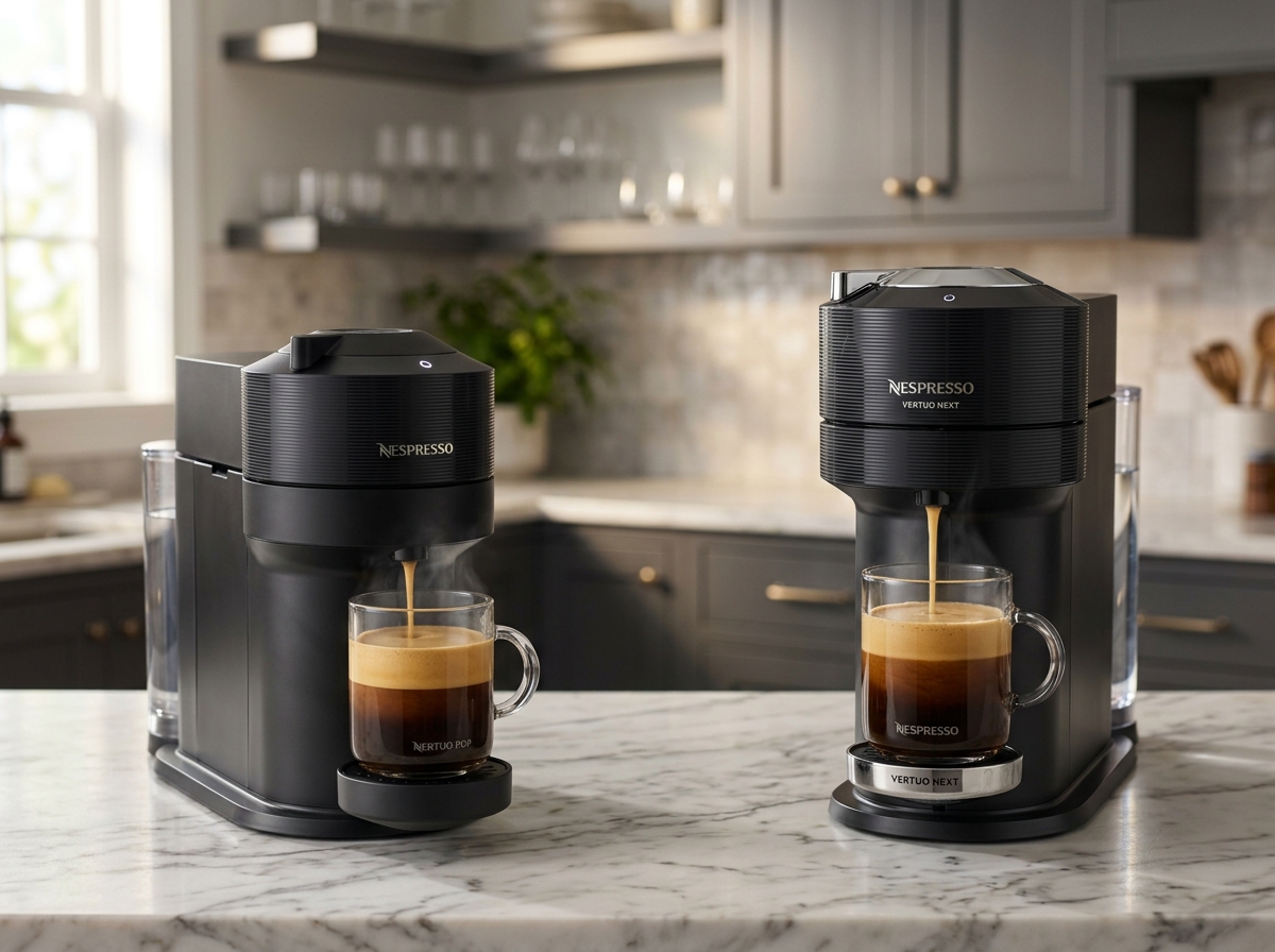 Side by side comparison of Nespresso Vertuo Pop Plus and Nespresso Vertuo Next coffee makers on marble counter