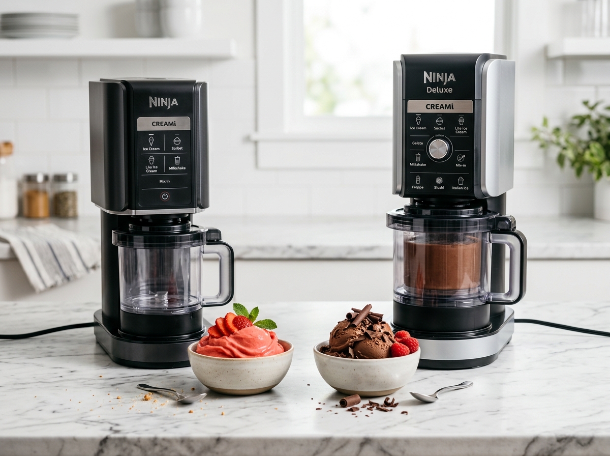 Side by side comparison of Ninja CREAMi NC301 and Ninja CREAMi Deluxe NC501 on kitchen counter
