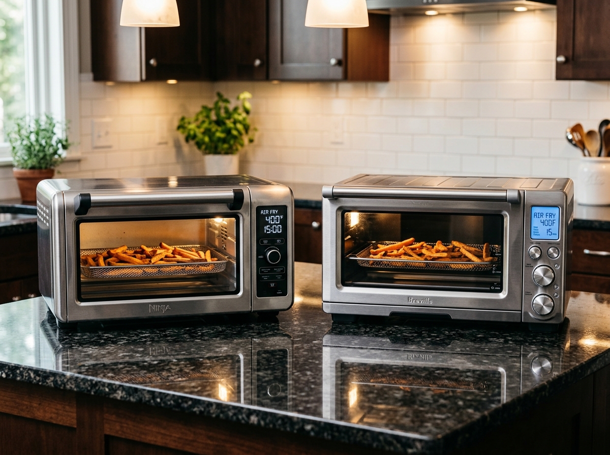 Ninja Foodi XL Pro and Breville Smart Oven Air Fryer Pro side by side on dark granite kitchen countertop