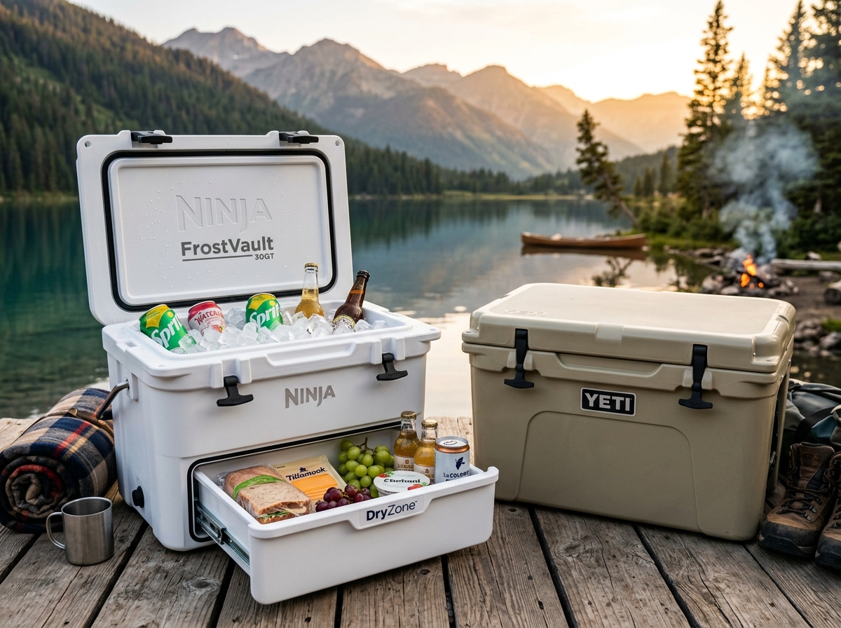 Ninja FrostVault 30qt cooler with dry drawer vs YETI Tundra 45 rotomolded cooler side by side