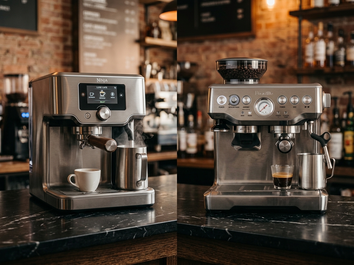 Ninja Luxe Cafe Premier and Breville Barista Express side by side on dark marble cafe countertop