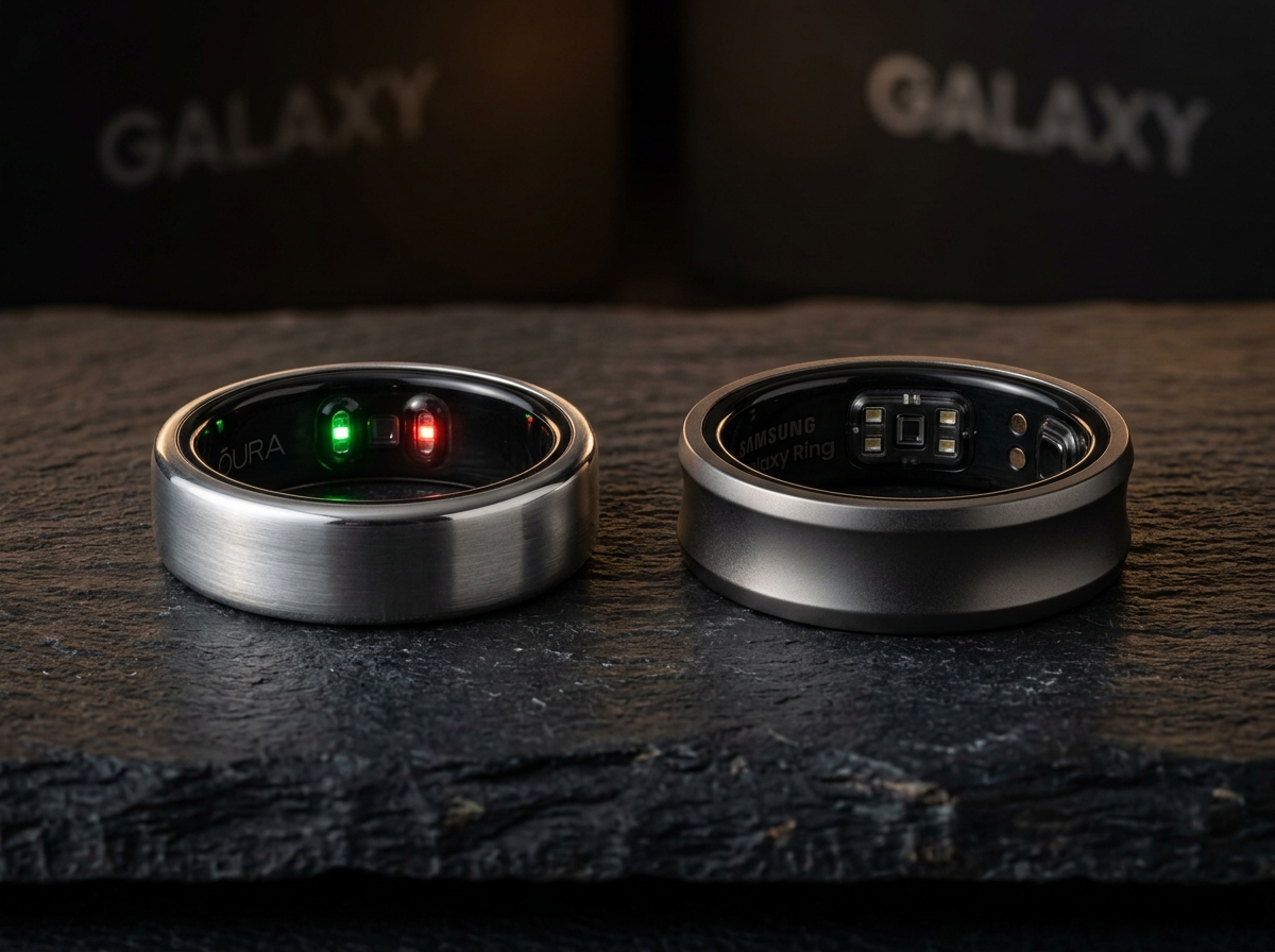 OURA Ring 4 and Samsung Galaxy Ring compared side by side on dark slate
