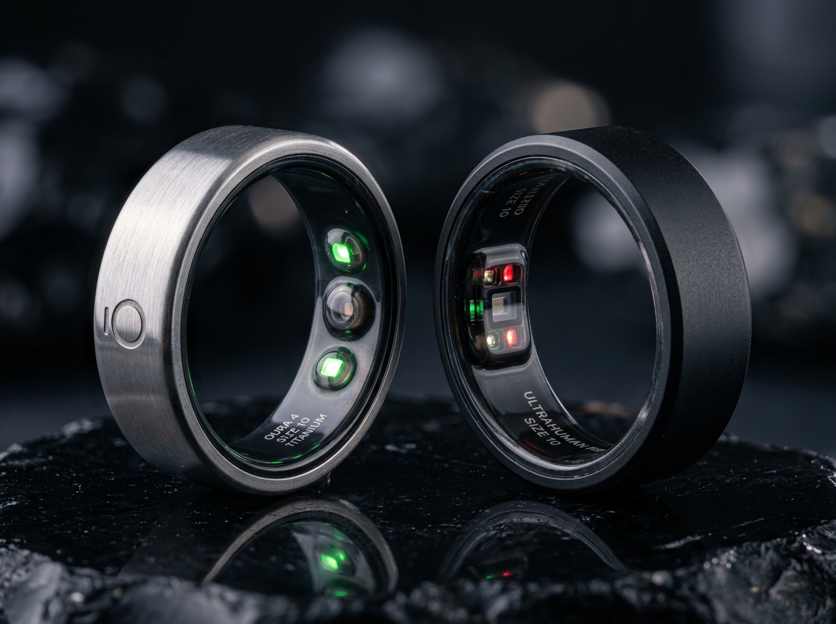 Side-by-side comparison of Oura Ring 4 in silver titanium and Ultrahuman Ring Pro in Aster Black on dark surface