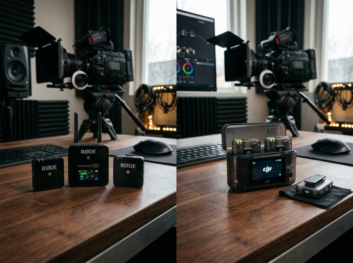 Rode Wireless PRO vs DJI Mic 2 compact wireless microphone systems side by side