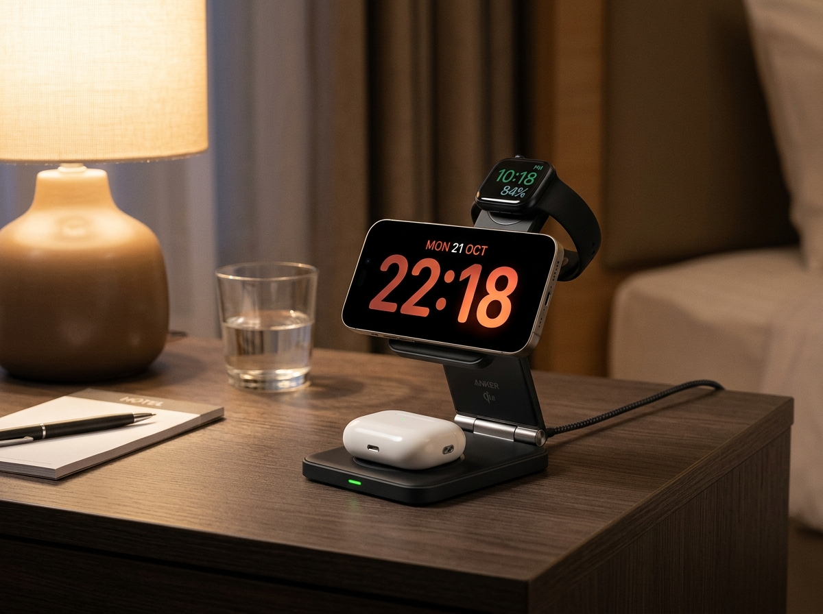 Anker MagGo 3-in-1 Foldable Qi2 Charging Station in Black charging iPhone in StandBy mode and Apple Watch