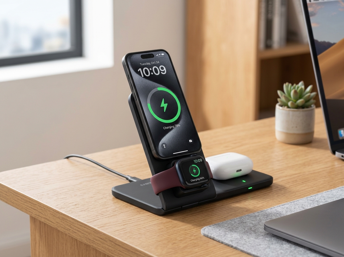 Anker MagGo Foldable 3-in-1 Qi2 charging station charging an iPhone, Apple Watch, and AirPods on a clean desk