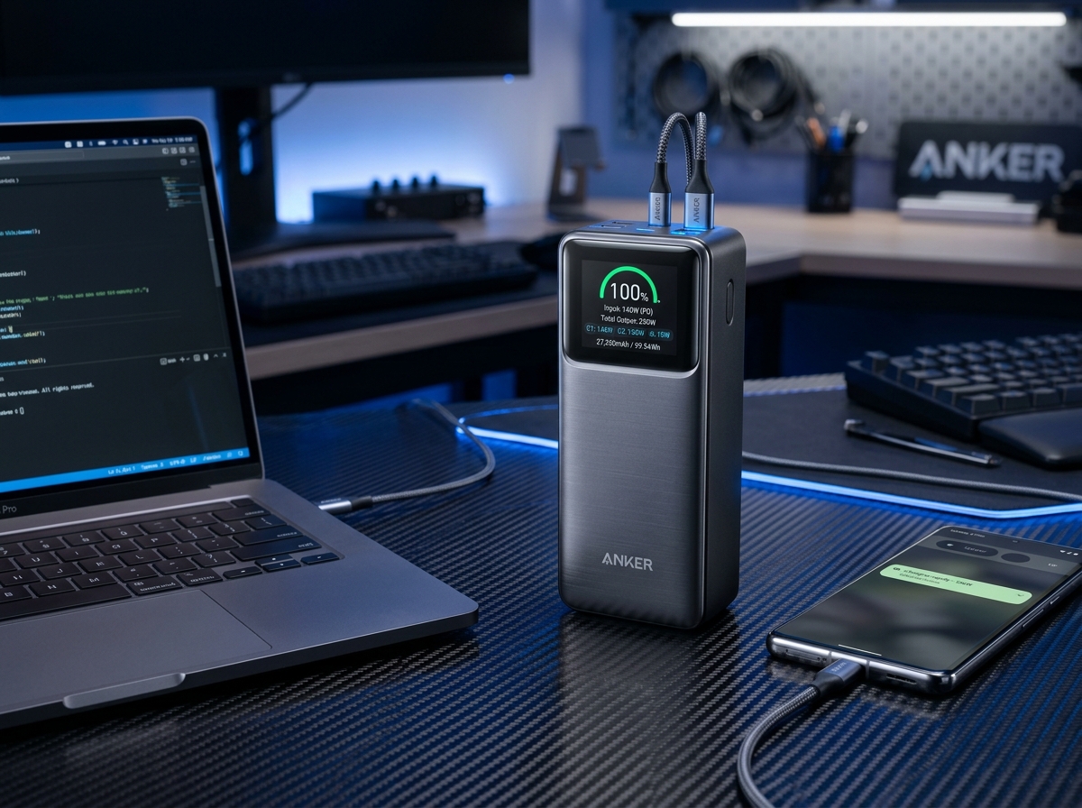 Anker Prime 27,650mAh 250W power bank standing on desk with glowing color screen beside dual charging laptops