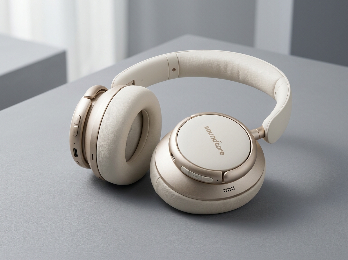 Anker Soundcore Space One Pro wireless over-ear headphones in cream white finish