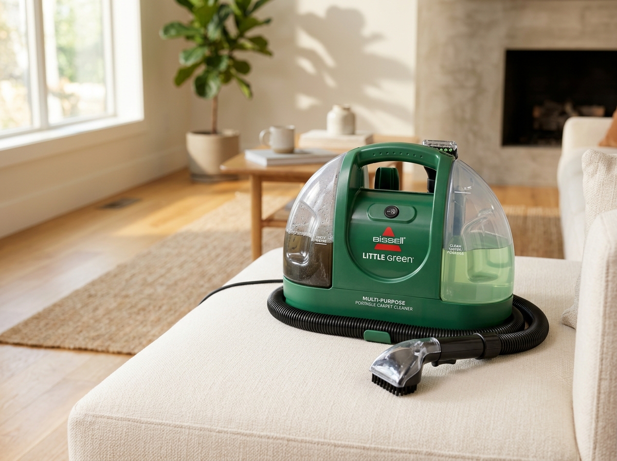 BISSELL Little Green portable carpet cleaner on a modern cream fabric couch