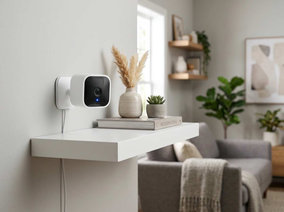 Compact white Blink Mini 2K+ plug-in security camera mounted on wall shelf in modern living room