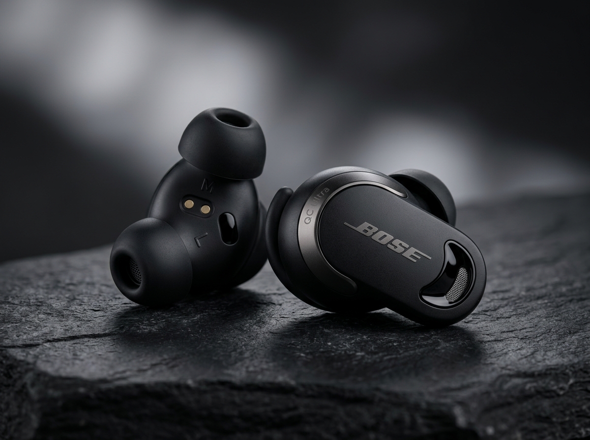 Bose QuietComfort Ultra Earbuds in Black with metallic accents next to charging case