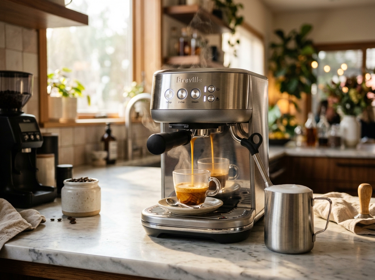 Breville Bambino Plus compact stainless steel espresso machine pouring rich espresso
