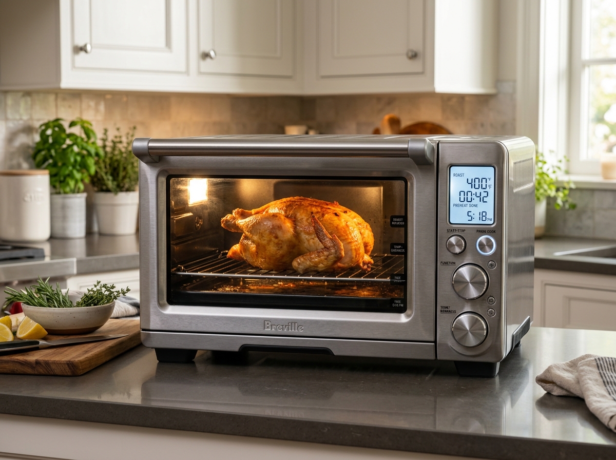 Breville BOV900BSS Smart Oven Air Fryer Pro with roast turkey inside