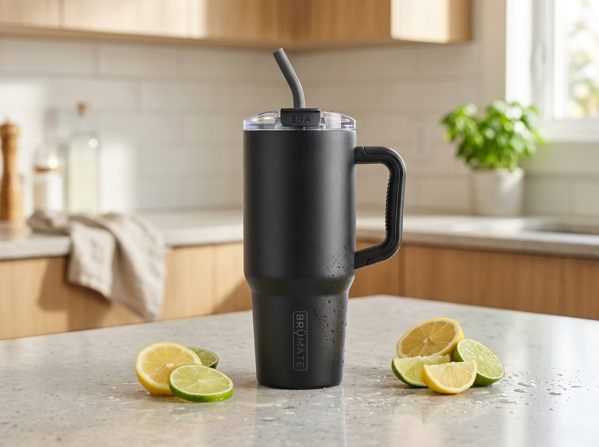 BrüMate Era 40 oz insulated stainless steel tumbler on kitchen countertop