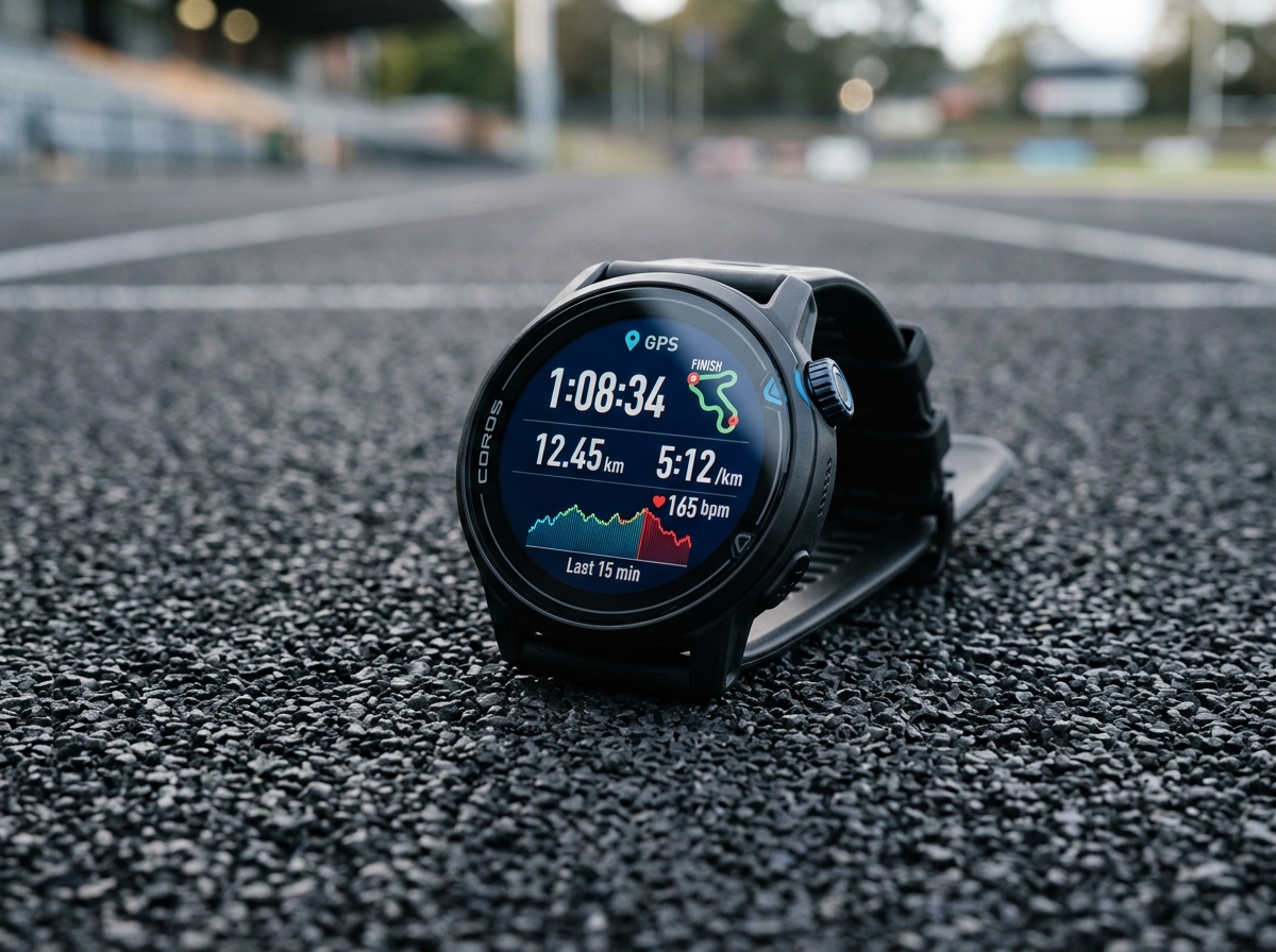 COROS PACE 4 running watch in black silicone showing crisp 1.2-inch AMOLED display with pace and distance on athletic running track
