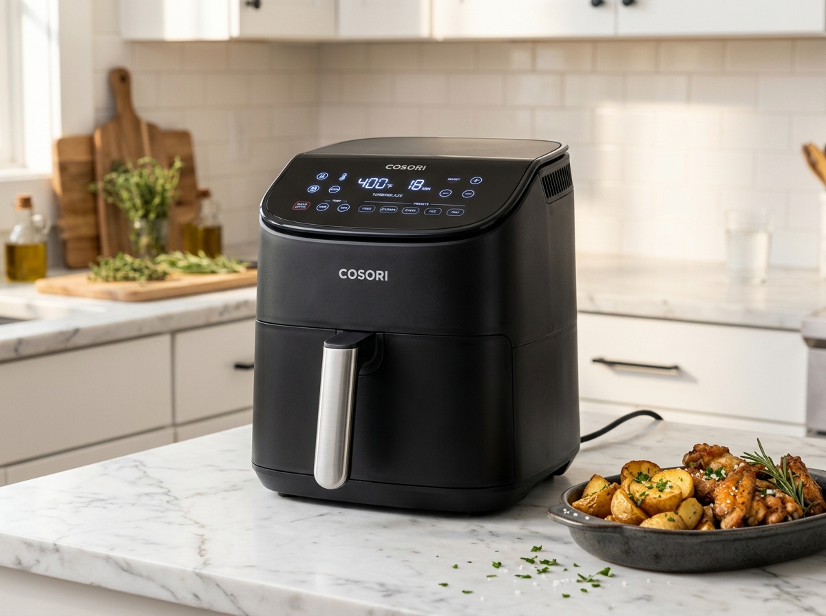 Cosori TurboBlaze 6.0 Quart Air Fryer on marble kitchen counter
