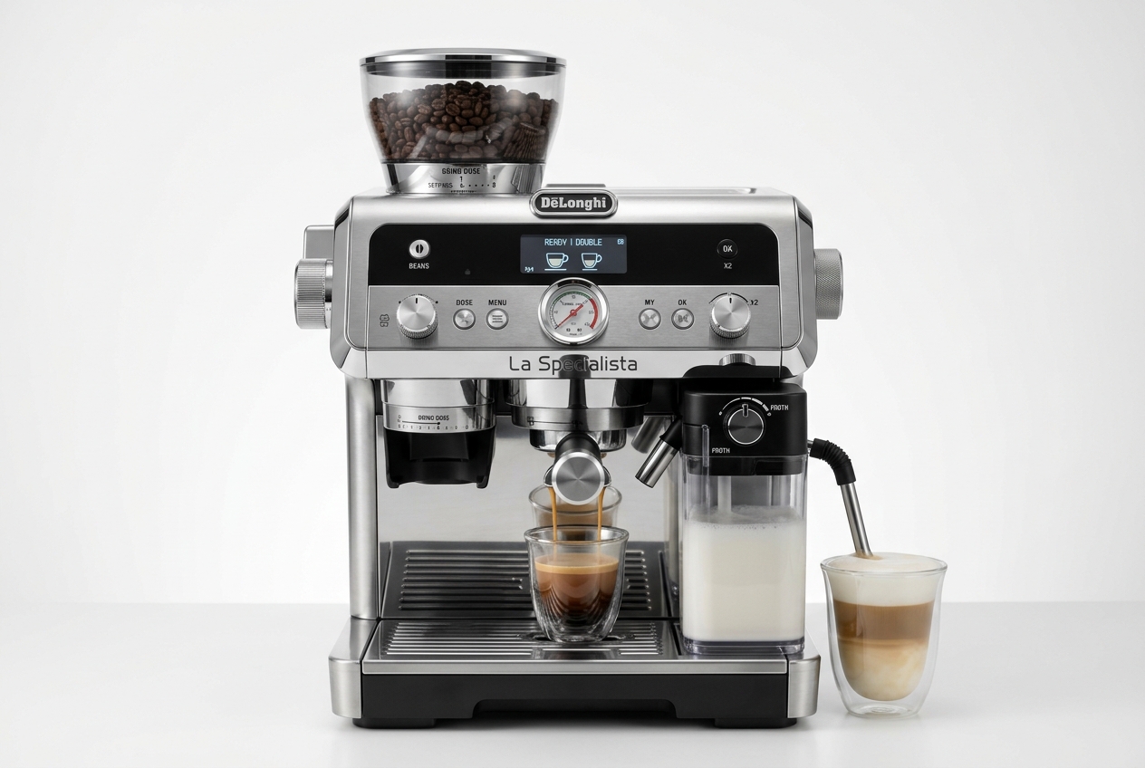 De'Longhi premium espresso machine brewing fresh coffee in modern kitchen