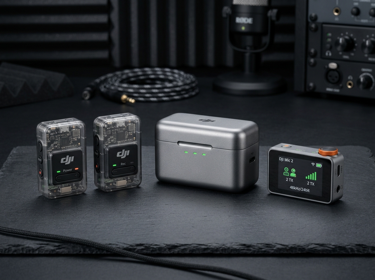 DJI Mic 2 wireless microphone transmitters and receiver in transparent charging case
