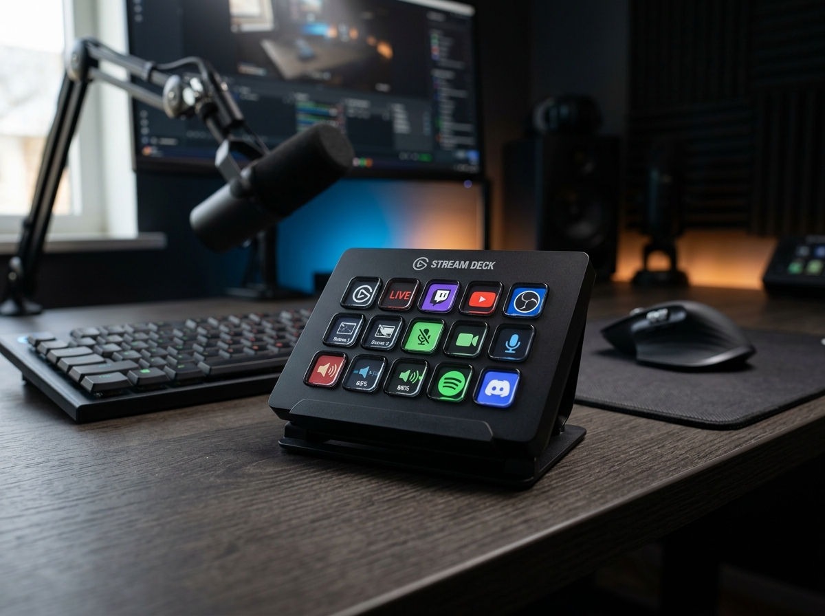 Elgato Stream Deck MK.2 with 15 customizable LCD keys on dark desk