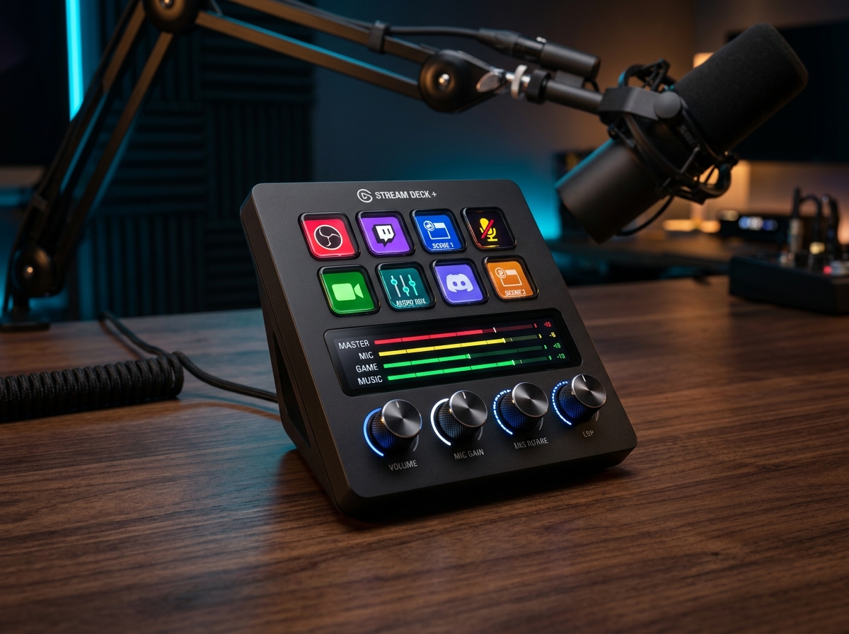 Elgato Stream Deck Plus on dark studio desk with glowing LCD keys, touch bar, and 4 rotary knobs