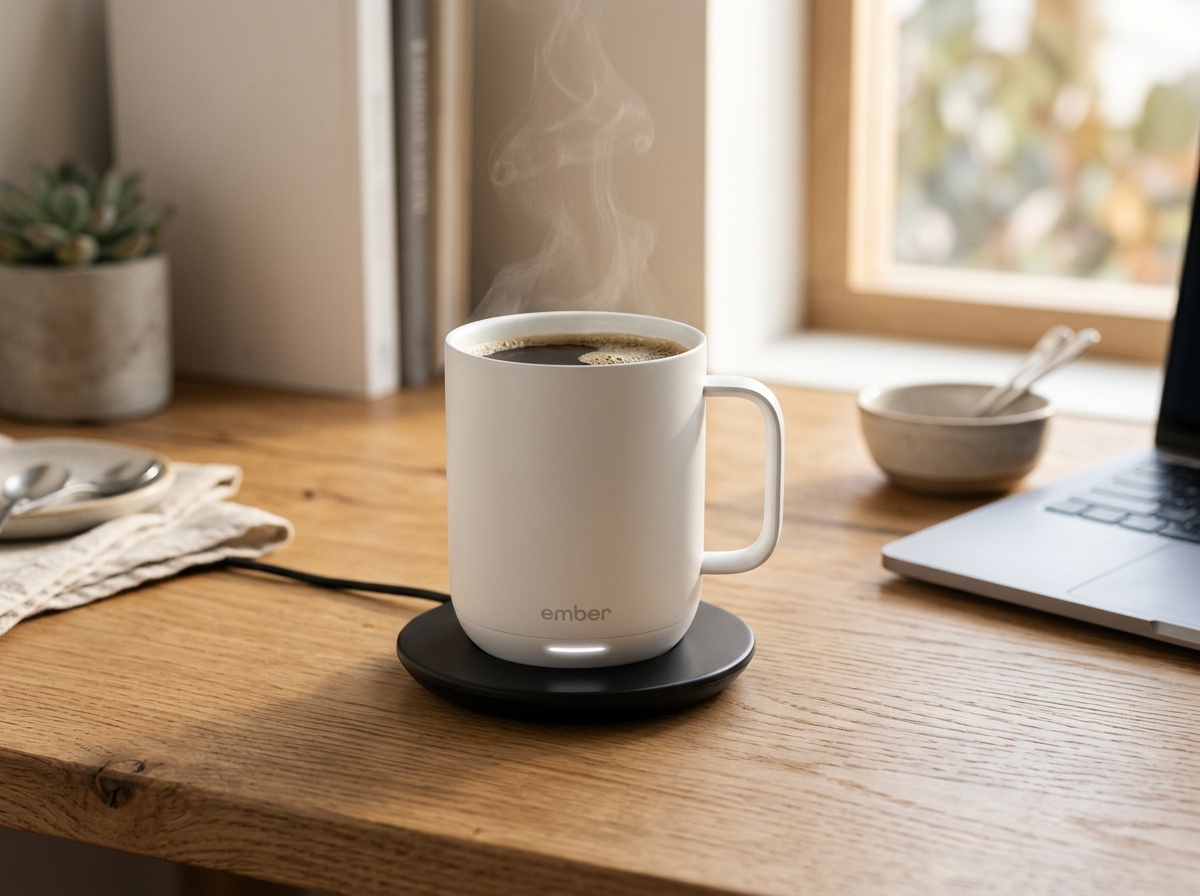 Ember Temperature Control Smart Mug 2 in matte white on wireless charging coaster