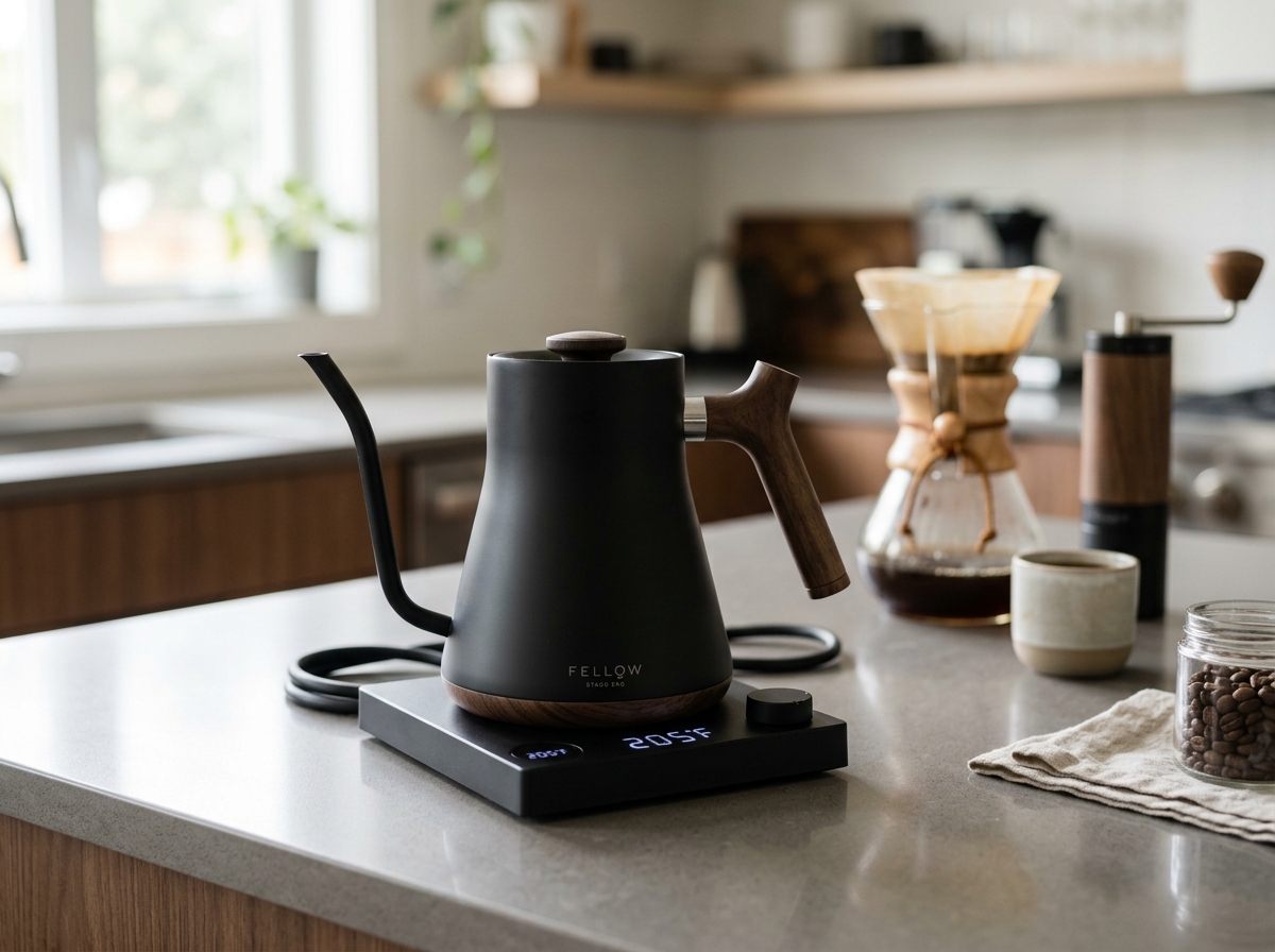 Fellow Stagg EKG Electric Gooseneck Kettle in Matte Black on a modern kitchen countertop