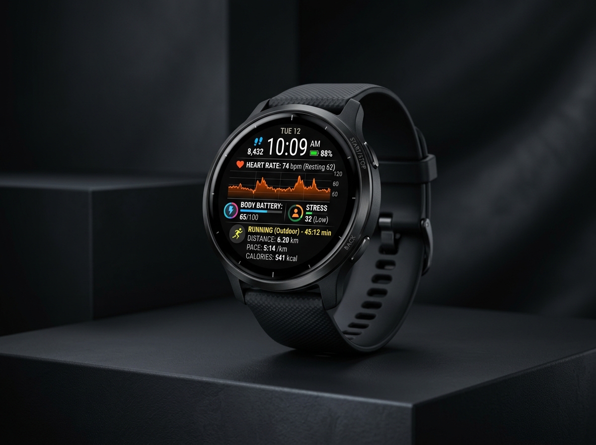 Garmin Venu 3 smartwatch with colorful AMOLED display and black silicone band on studio display