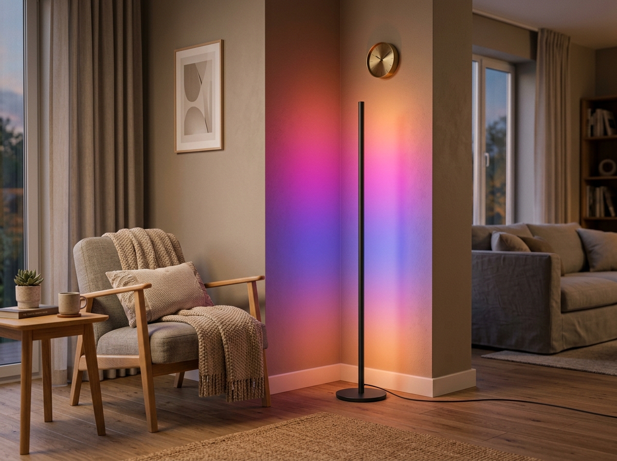 Govee Floor Lamp 2 standing smart corner LED light glowing vibrant ambient colors against a modern living room wall