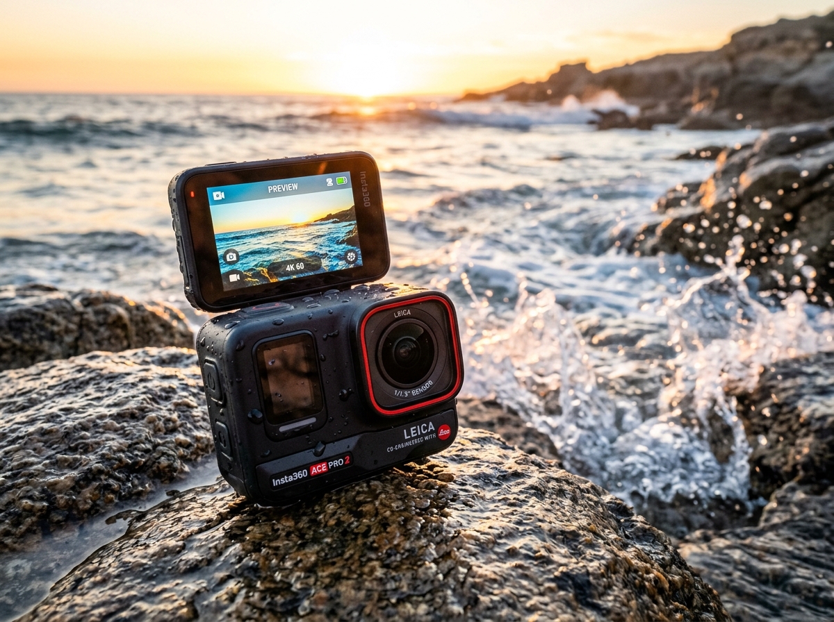 Insta360 Ace Pro 2 action camera with flip-up screen and Leica lens