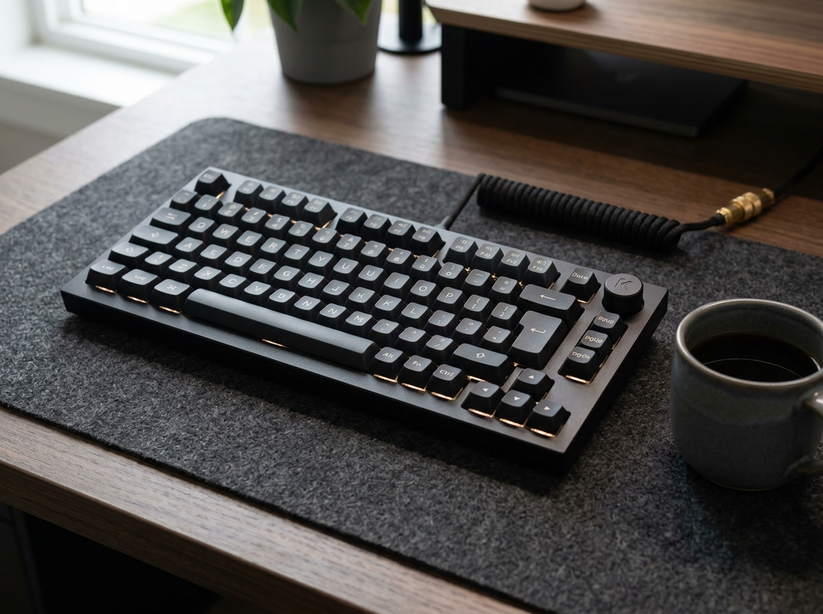 Keychron Q1 Pro wireless mechanical keyboard in Carbon Black on dark wool felt desk pad
