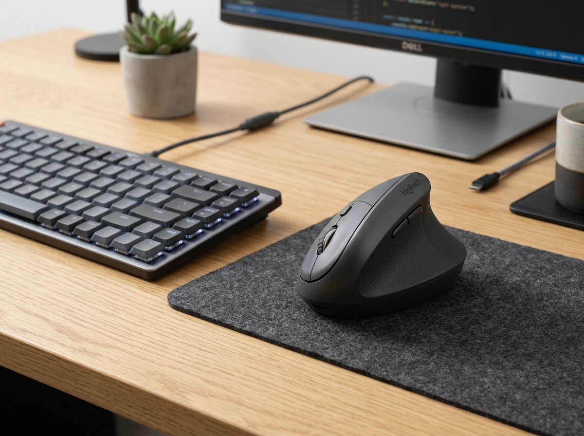 Logitech Lift Vertical Ergonomic Wireless Mouse sitting on a modern wooden desk setup