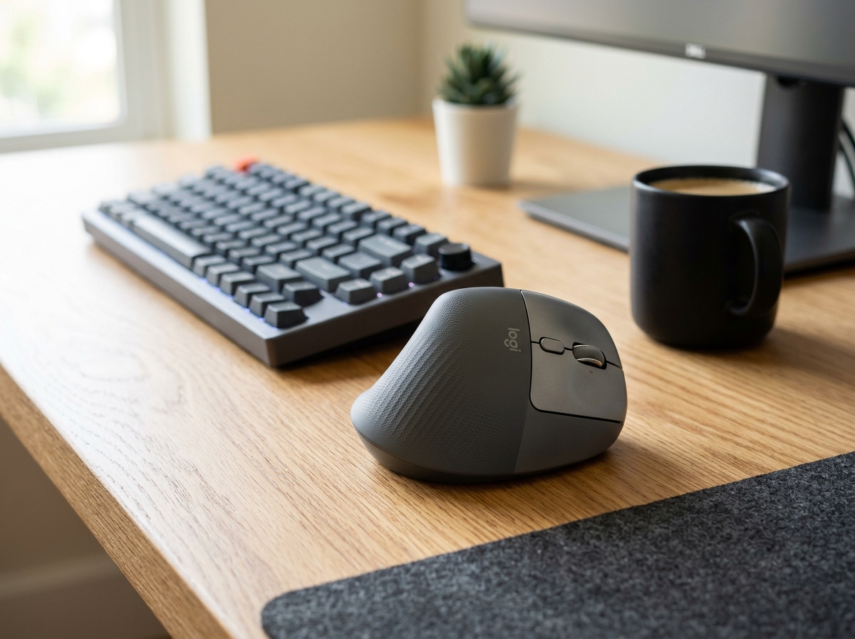 Logitech Lift Vertical Ergonomic Mouse in Graphite on modern oak desk