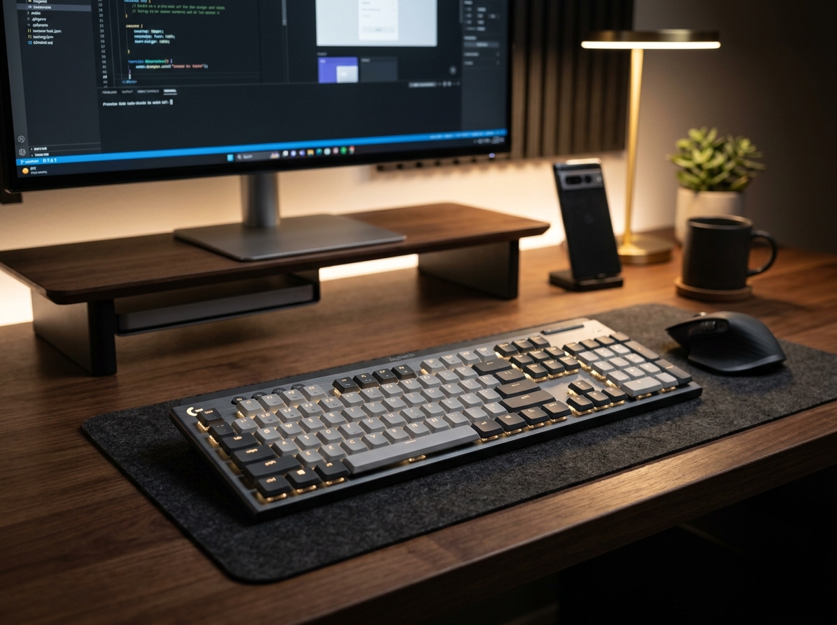 Logitech MX Mechanical wireless illuminated keyboard on a clean modern office desk