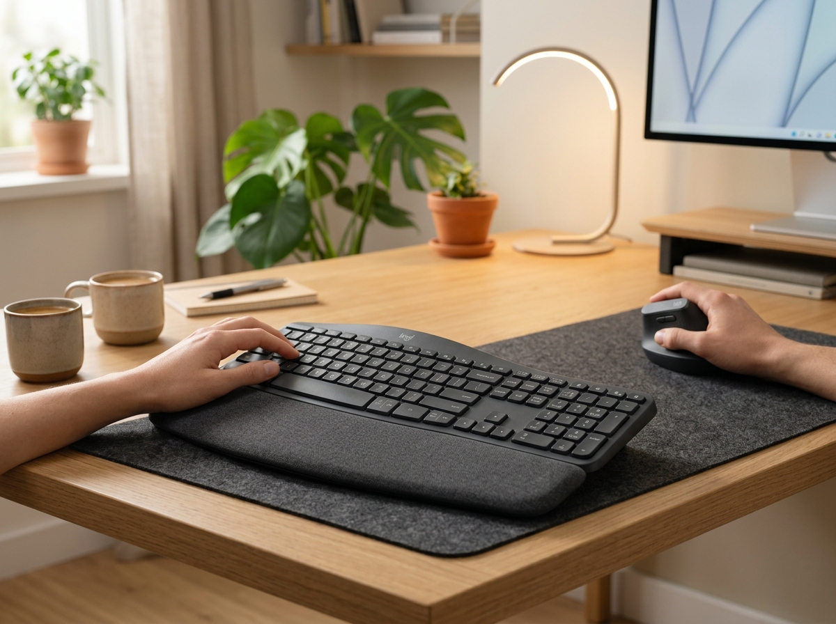 Logitech Wave Keys wireless ergonomic keyboard in Graphite on an executive oak desk