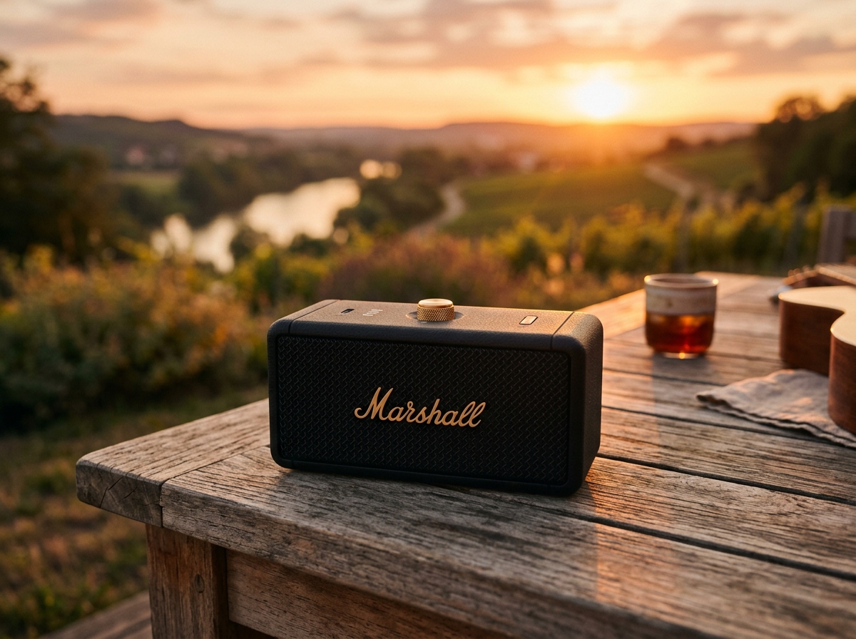 Marshall Emberton II portable speaker on wooden outdoor table with golden sunset