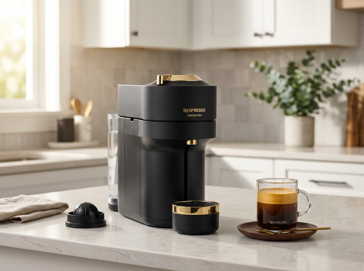 Nespresso Vertuo Pop Plus coffee machine in matte black and gold finish