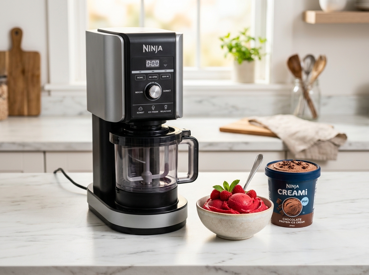 Ninja CREAMi NC301 ice cream maker on clean kitchen counter
