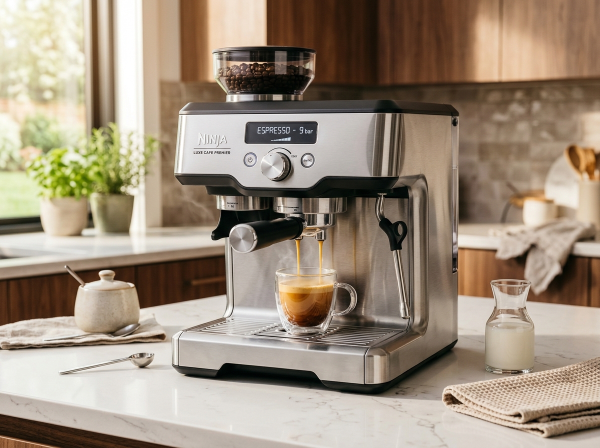 Ninja Luxe Cafe Premier 3-in-1 espresso machine on marble kitchen island