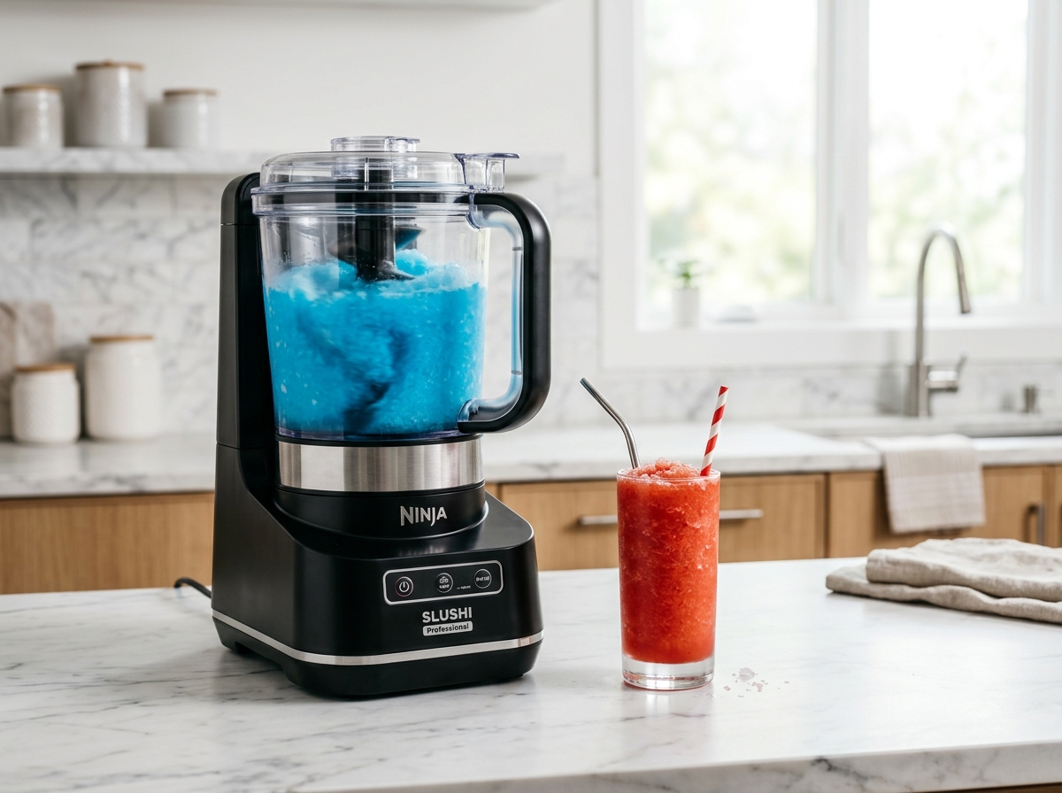 Ninja SLUSHi FS301 frozen drink maker dispensing a vibrant blue slushie next to a frosty glass of strawberry margarita on modern kitchen countertop