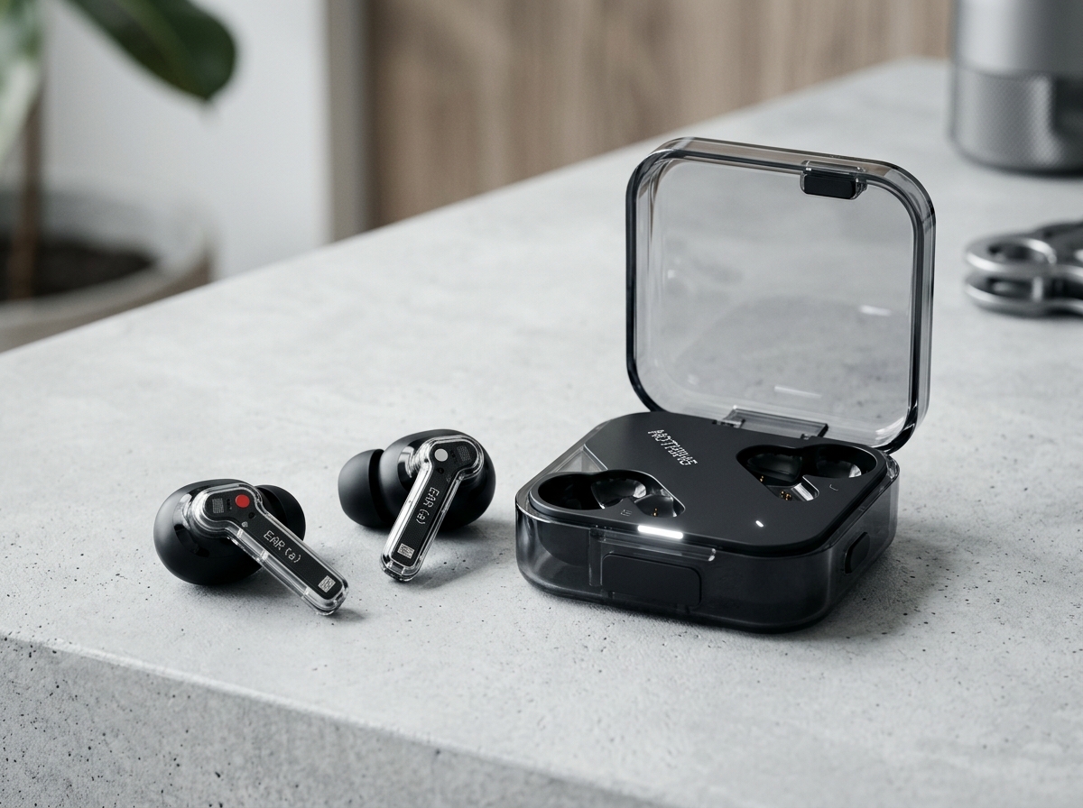 Nothing Ear (a) transparent wireless earbuds resting next to their compact charging case