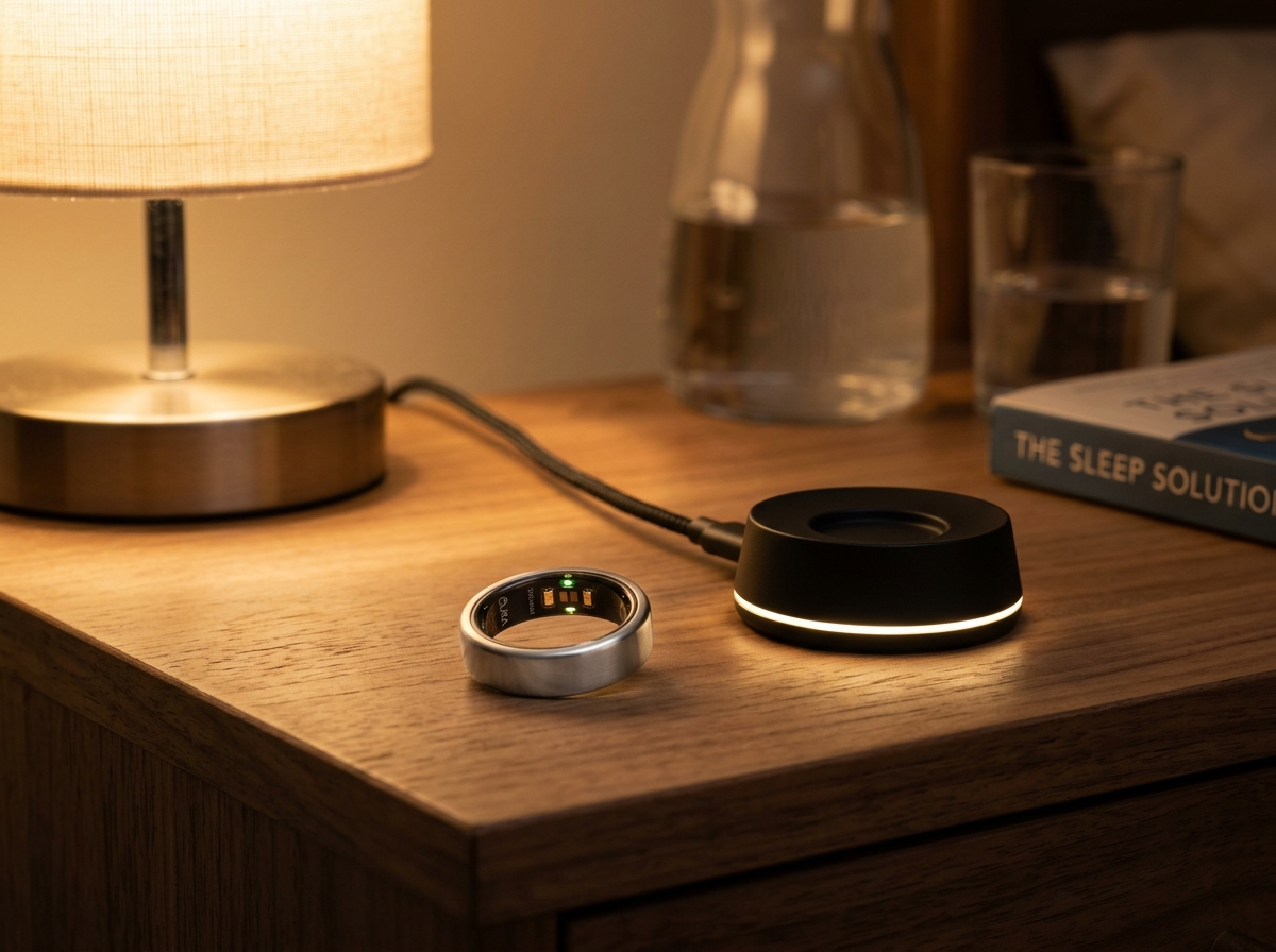 OURA Ring 4 brushed silver titanium smart ring on minimalist magnetic charging stand
